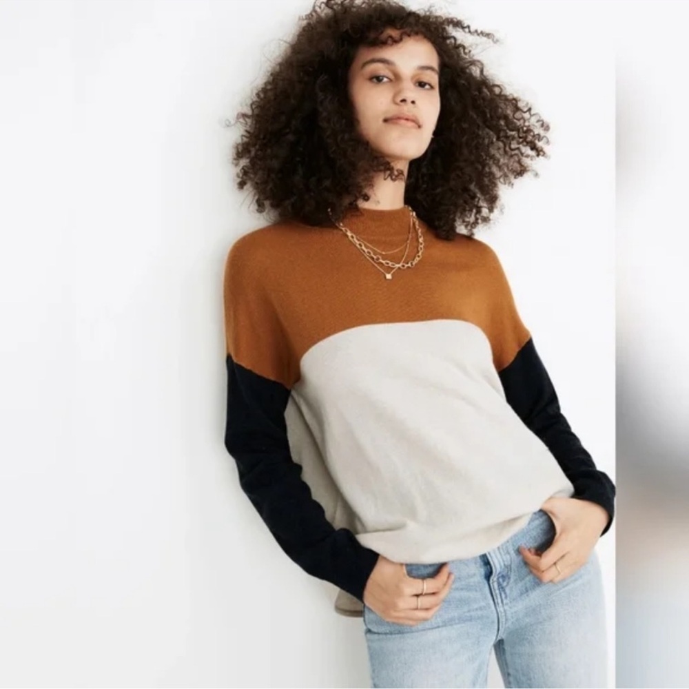 Madewell Ashbury Women's Mockneck Colorblock Sweater - Brown, Cream, and Blue S